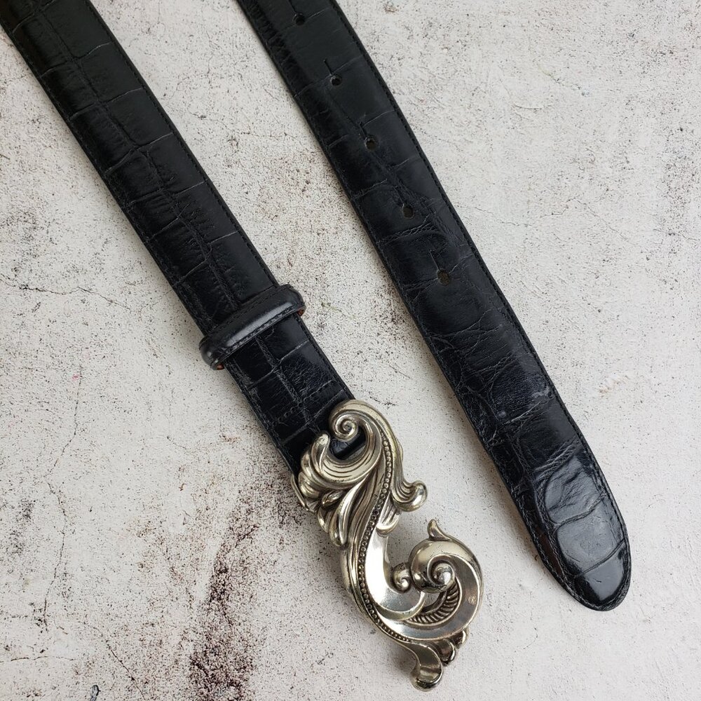 Brighton Vintage 1995 Leather Belt Black Croc Embossed size S Art Deco Boho - Picture 7 of 10